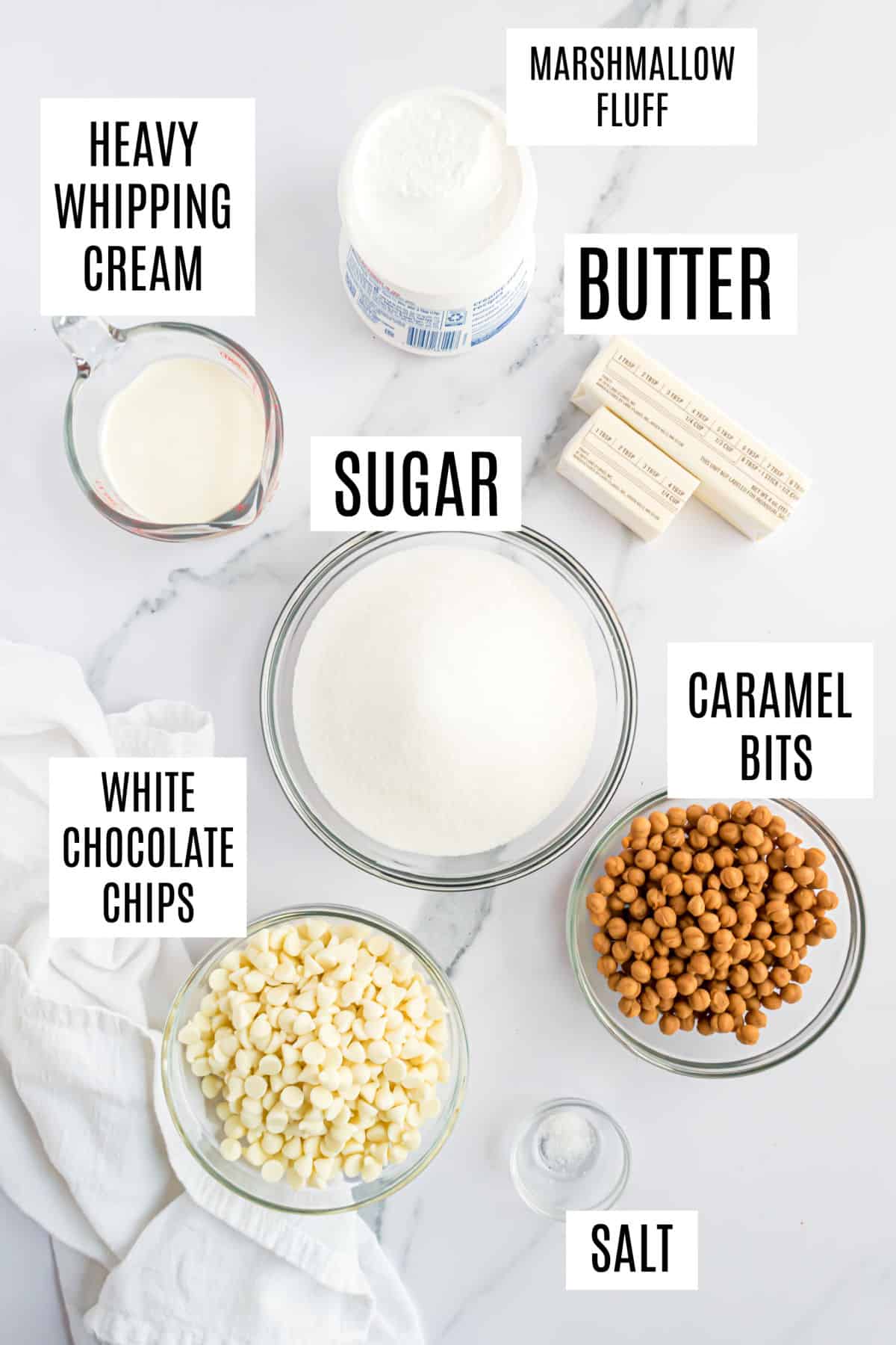 Ingredients needed to make white chocolate caramel fudge.