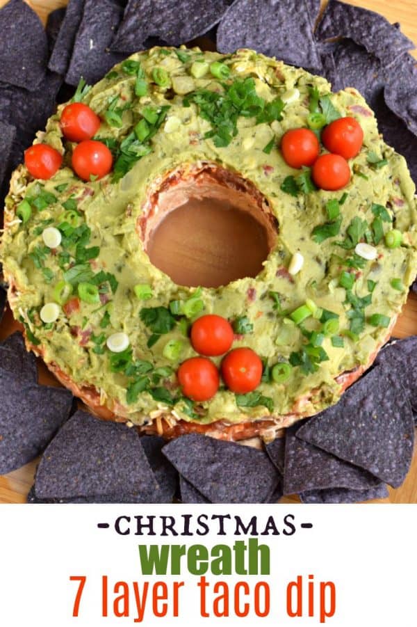 Whip up this fun and easy festive Christmas Wreath 7 Layer Taco Dip recipe #texmex #tacodip #christmas