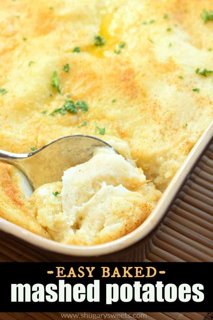 13 x 9 baking dish with baked mashed potatoes and spoon