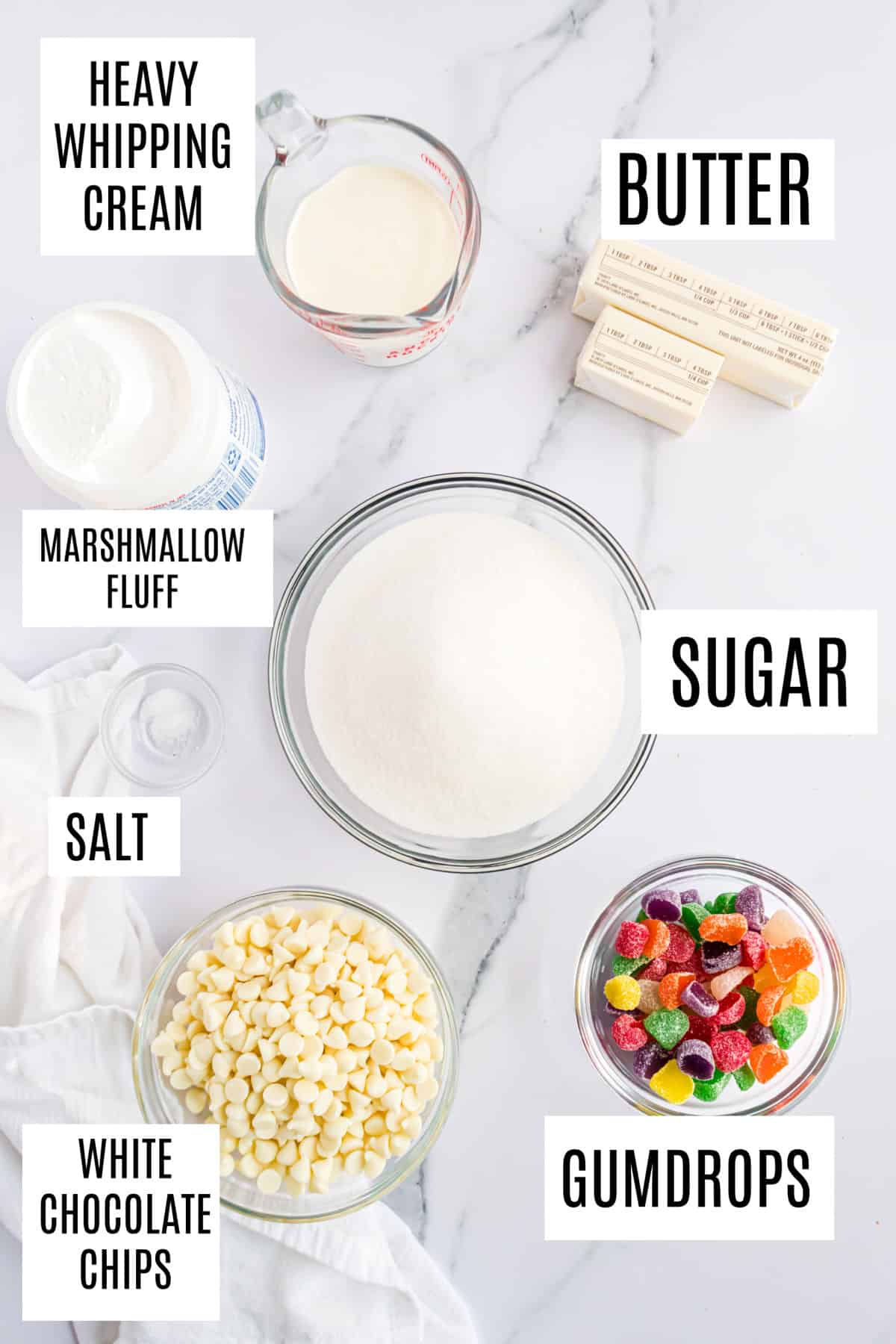 Ingredients needed to make gumdrop fudge.