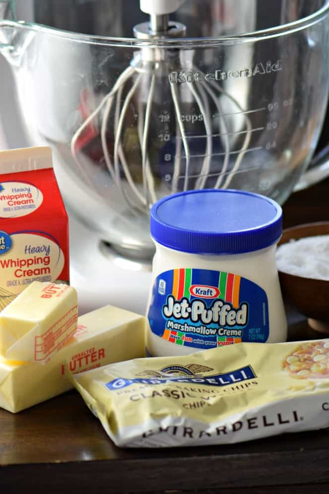 Ingredients needed to make basic vanilla fudge.