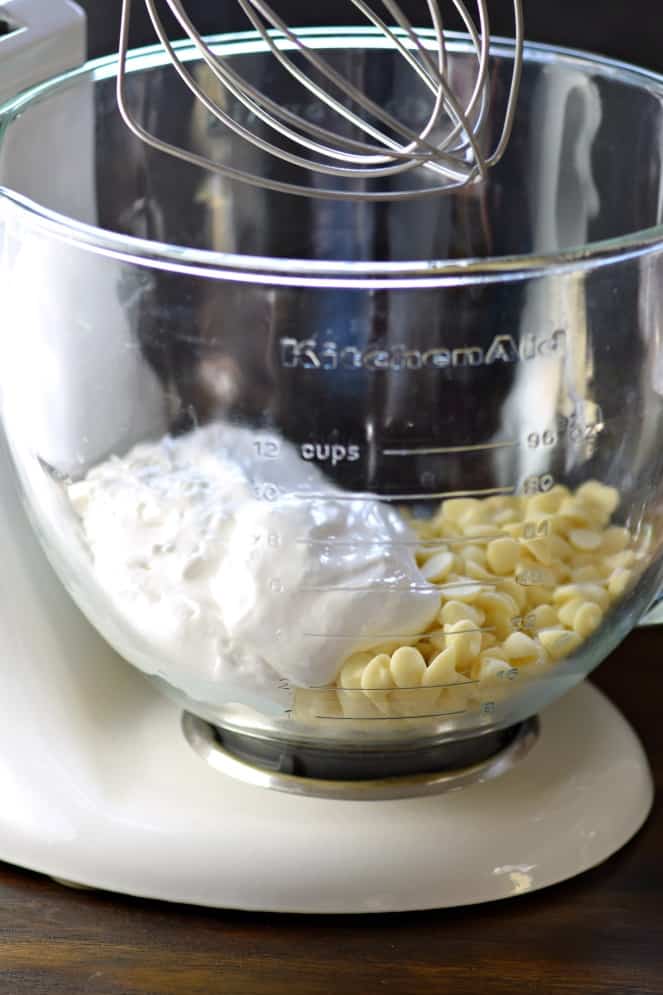 Marshmallow and white chocolate chips in bowl for fudge.