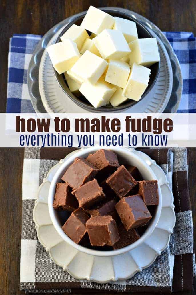 Two bowls of fudge pieces, one chocolate, one vanilla.