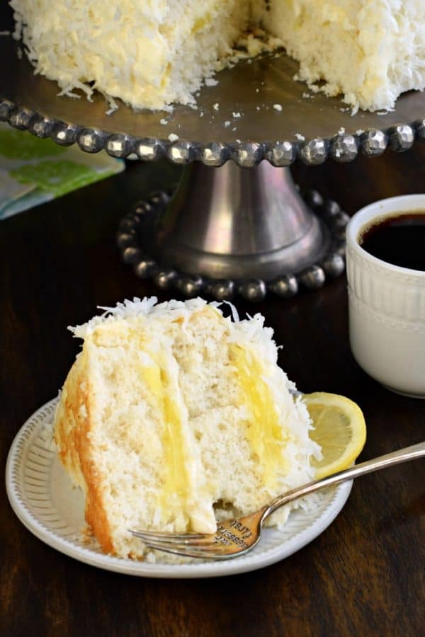 Lemon Coconut Cake filled with lemon curd and cream cheese frosting