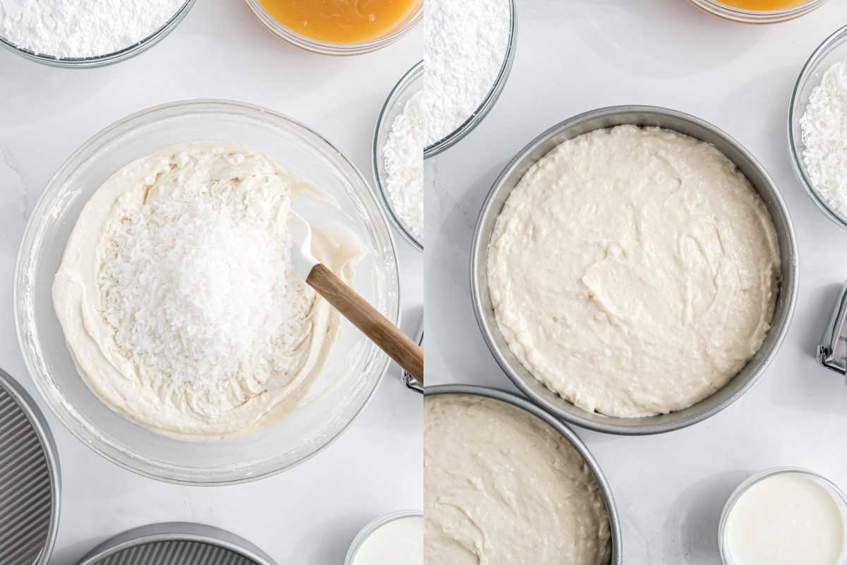 Two images: lemon coconut cake batter with shredded coconut in a bowl, then the batter spread evenly in a round cake pan.