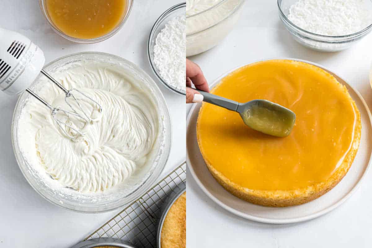 Left: Whipped cream in a bowl with a mixer. Right: Lemon curd being spread on a cheesecake with a spatula—perfect toppings for a lemon coconut cake.