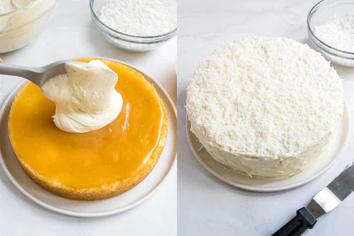 A lemon coconut cake being frosted with white icing and covered with shredded coconut on a white surface.