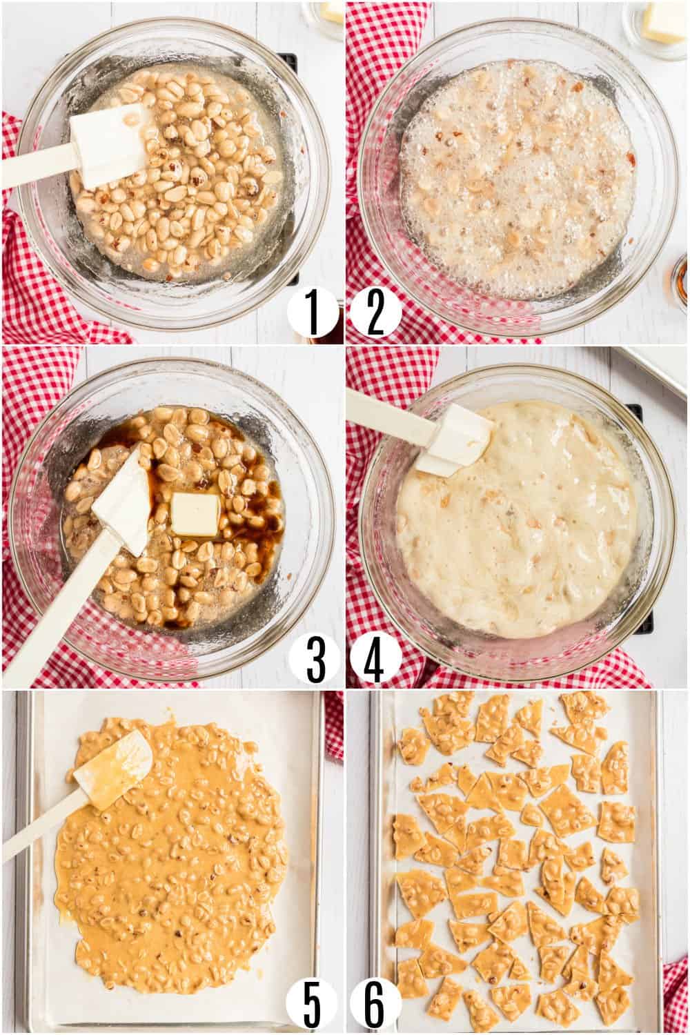 Step by step photos showing how to make homemade peanut brittle.