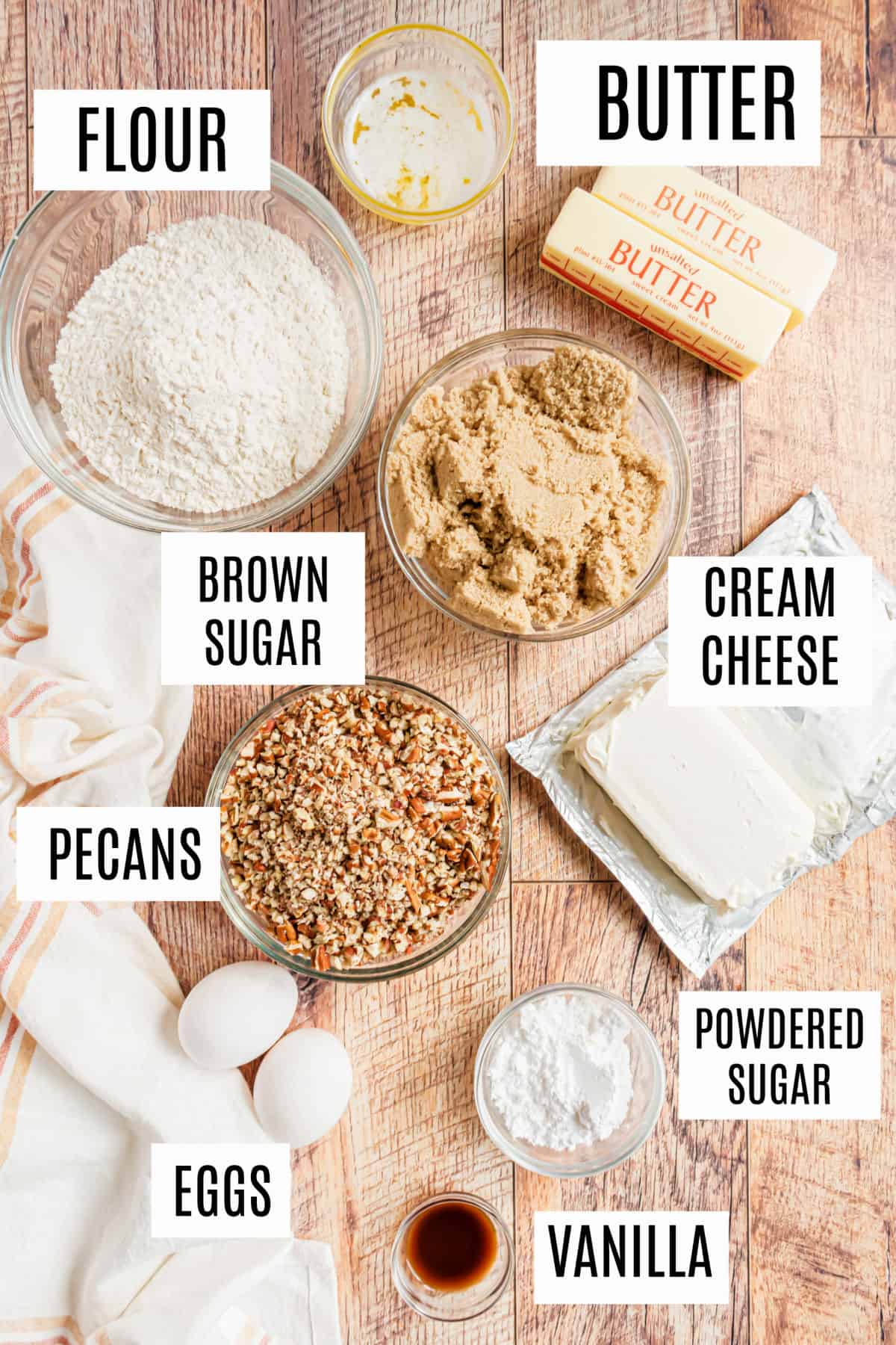 Ingredients needed to make pecan tassies.