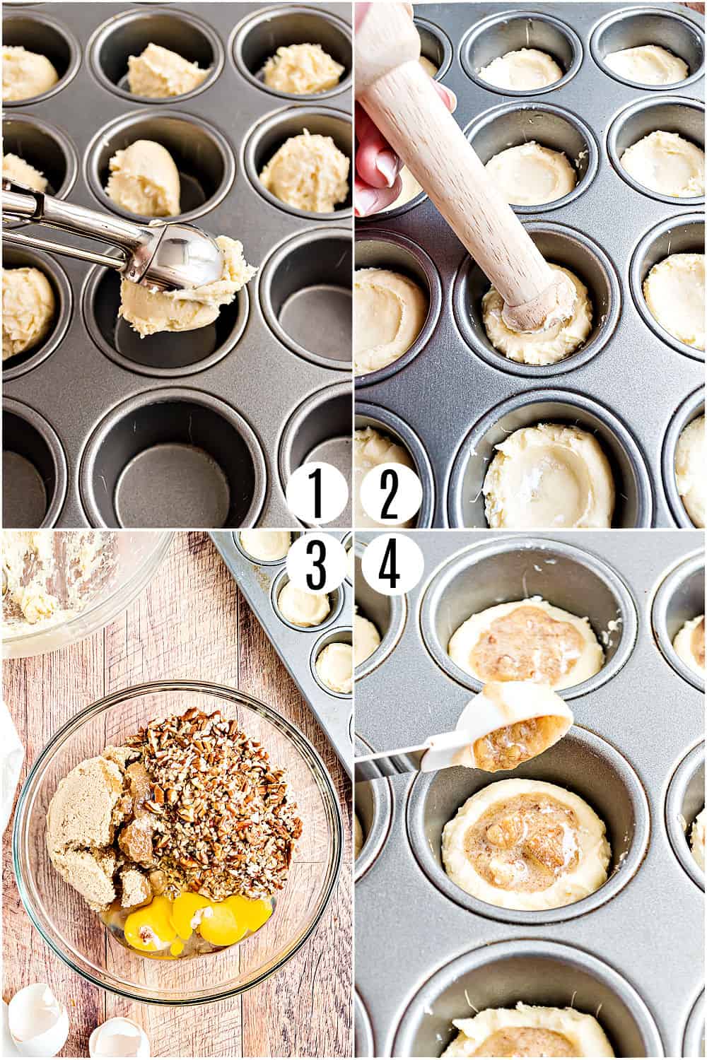 Step by step photos showing how to make pecan tassies.