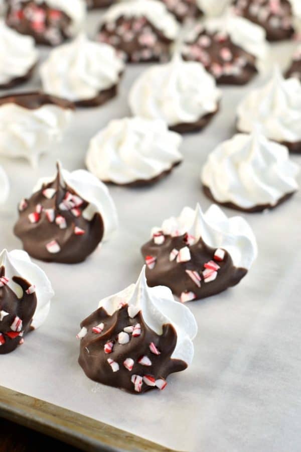 Meringue Cookies dipped in chocolate and peppermint!