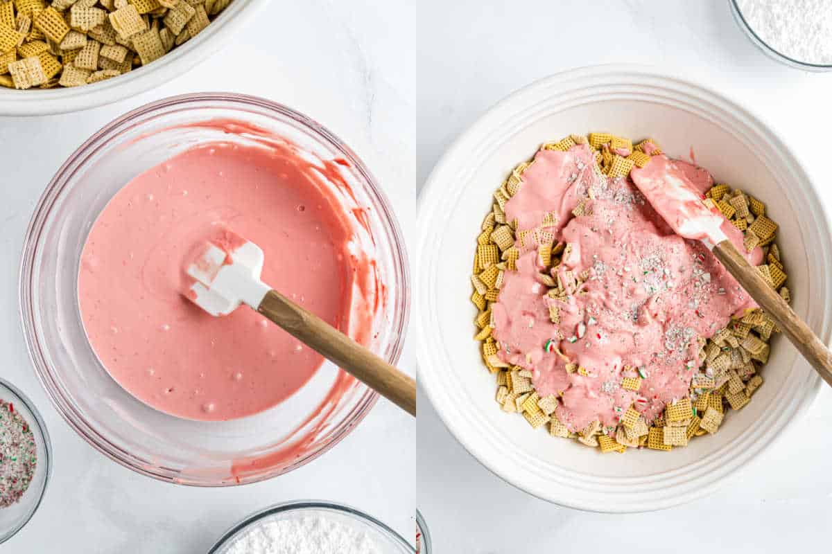 Left: Pink melted mixture in a bowl. Right: Pink peppermint puppy chow mixture poured over Chex cereal in a white bowl with a spatula.