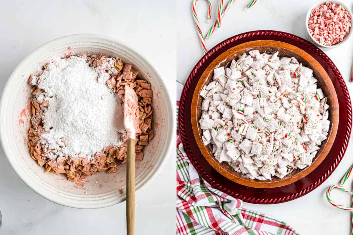 Two bowls of peppermint puppy chow Chex mix—one being tossed with powdered sugar, the other finished and topped with festive sprinkles.