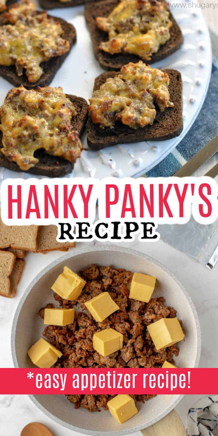 Four pieces of rye bread with cheesy meat topping, plus a skillet of ground beef and cheese cubes—just like the classic hanky panky recipe you know and love.
