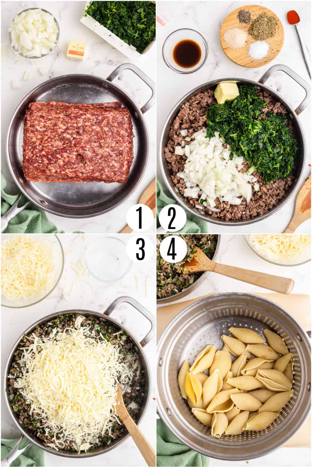 Step by step photos showing how to prepare ingredients for stuffed pasta shells.