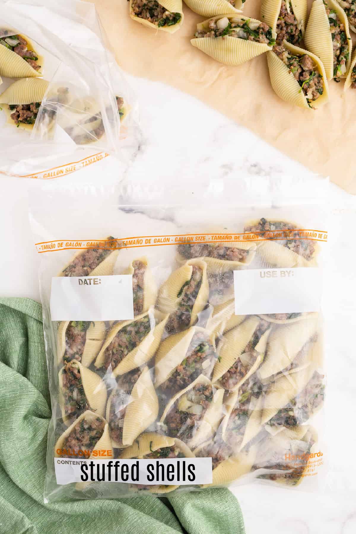 Stuffed shells in freezer bag for storage.