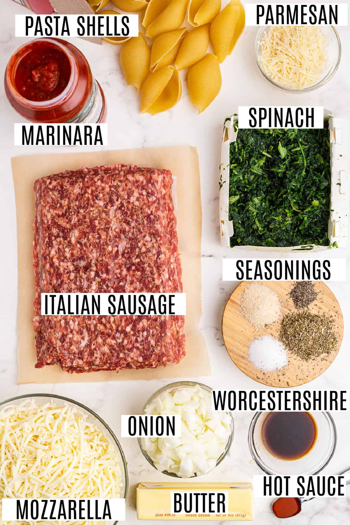 Ingredients needed for sausage stuffed shells.