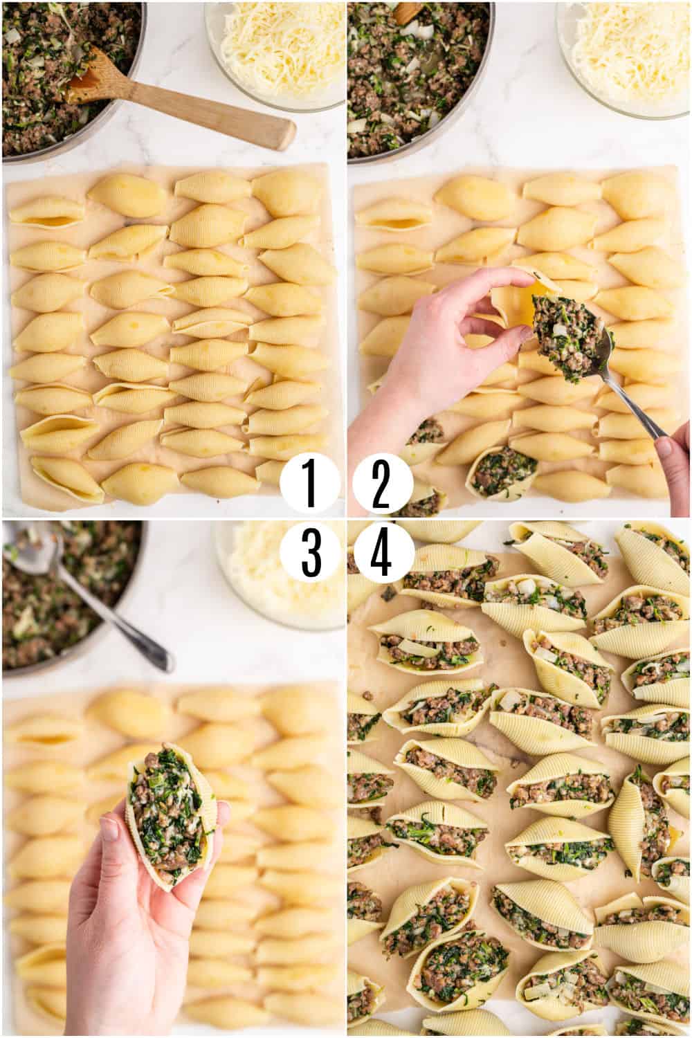 Step by step photos showing how to stuff pasta shells.