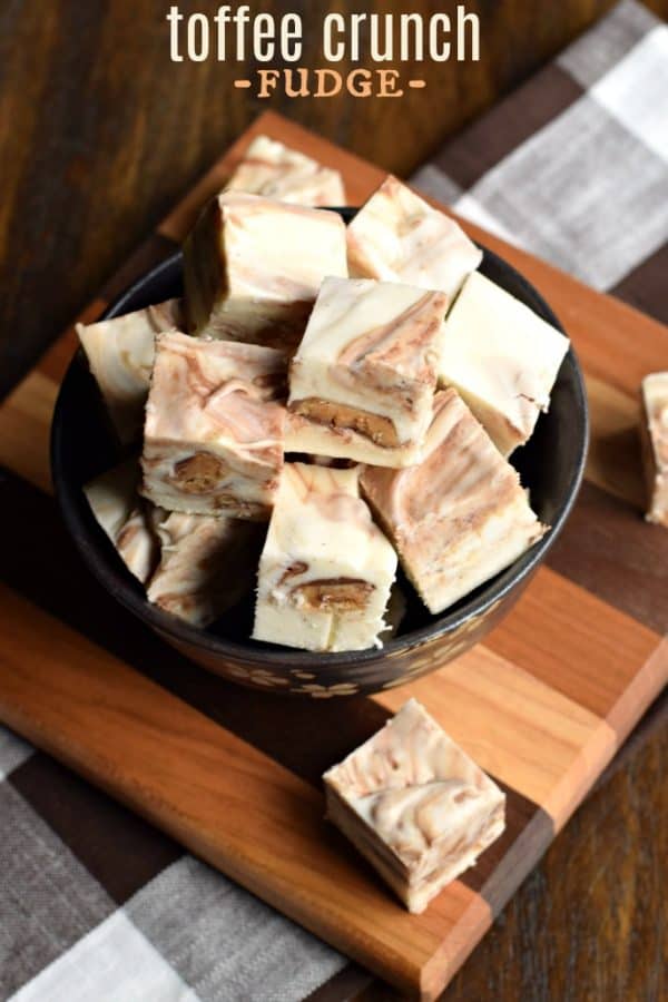 Vanilla Toffee Crunch Fudge is a delicious vanilla bean fudge packed with chunks of buttery, chocolate covered toffee candy.