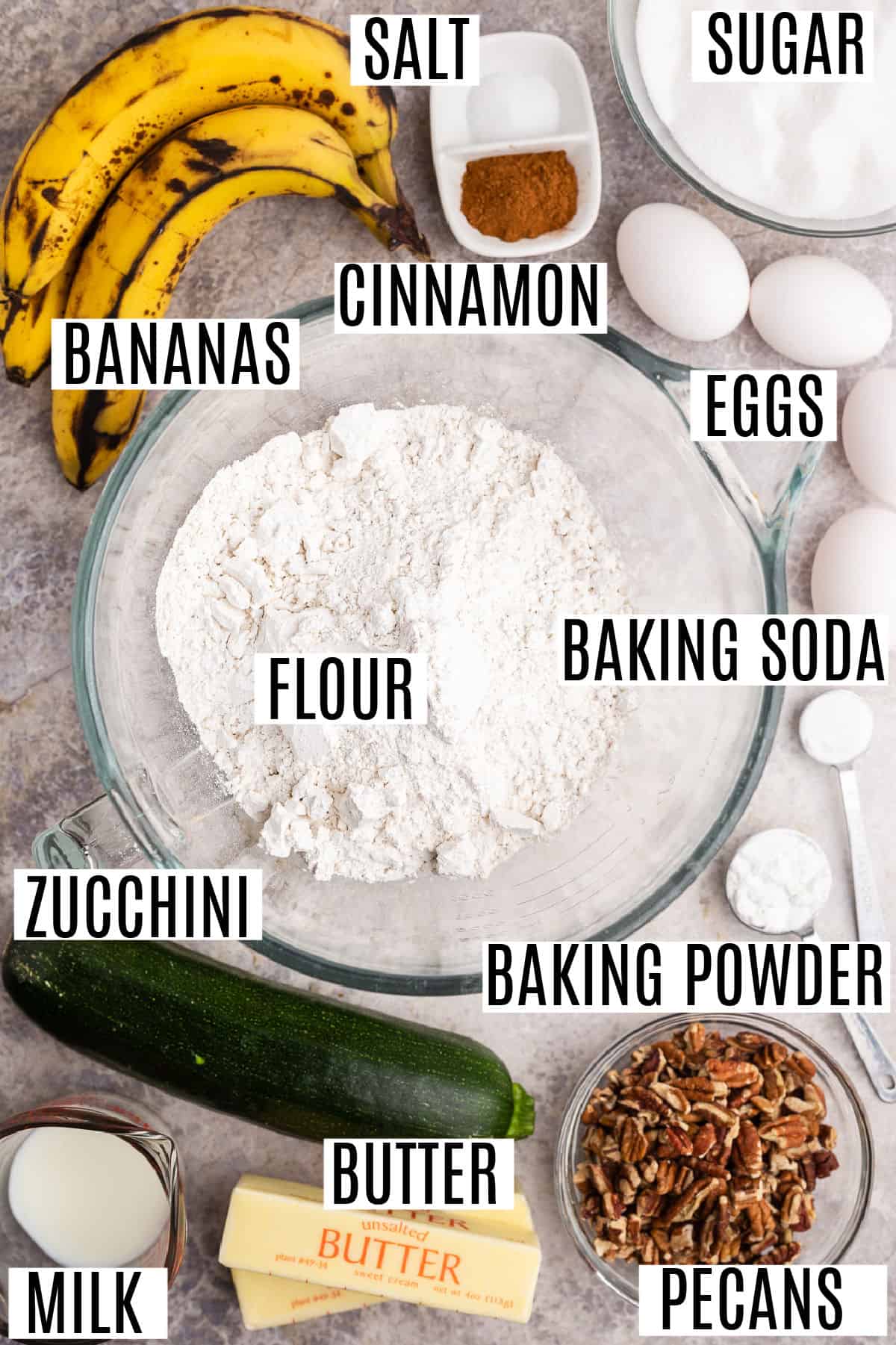 Ingredients needed for zucchini banana bread.