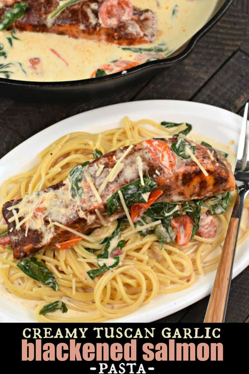 Blackened salmon on a bed of spaghetti noodles with creamy garlic sauce.