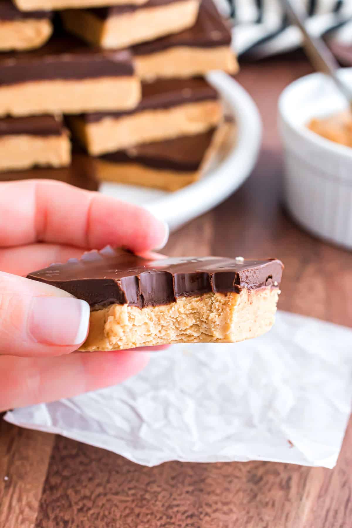 Bite taken of a peanut butter bar.