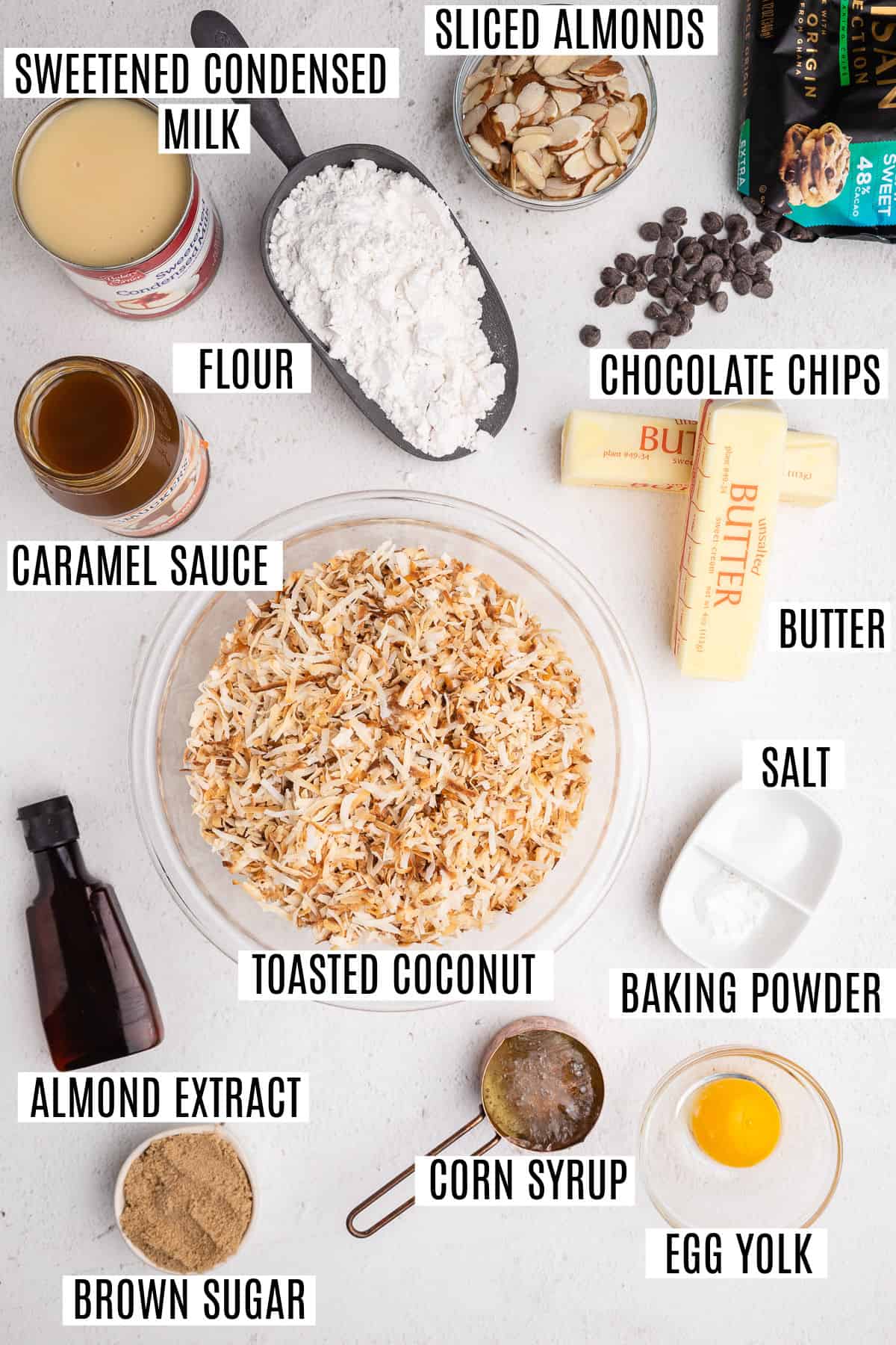 Ingredients needed to make coconut almond bars.