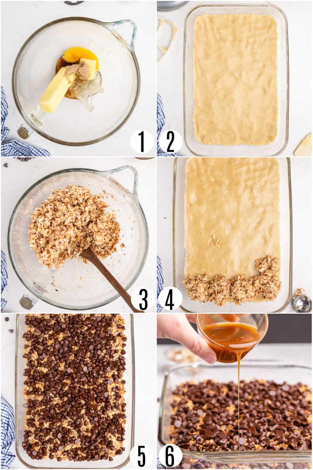 Step by step photos showing how to make coconut almond bars.