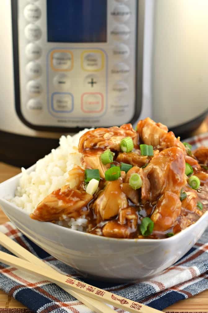 Bourbon chicken with rice in a bowl.