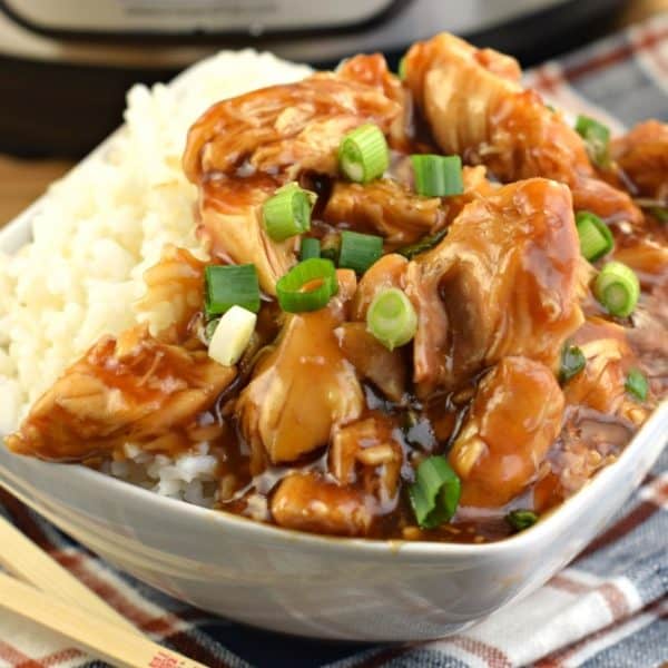 Bowl with rice and glazed chicken.