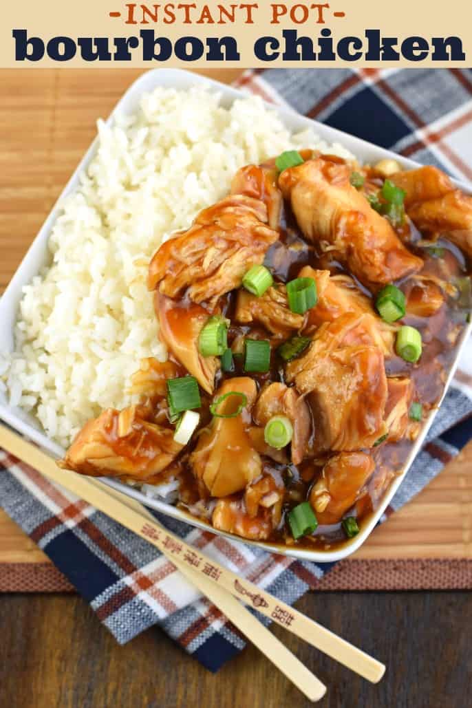 Bourbon chicken served in a bowl with rice and green onions.