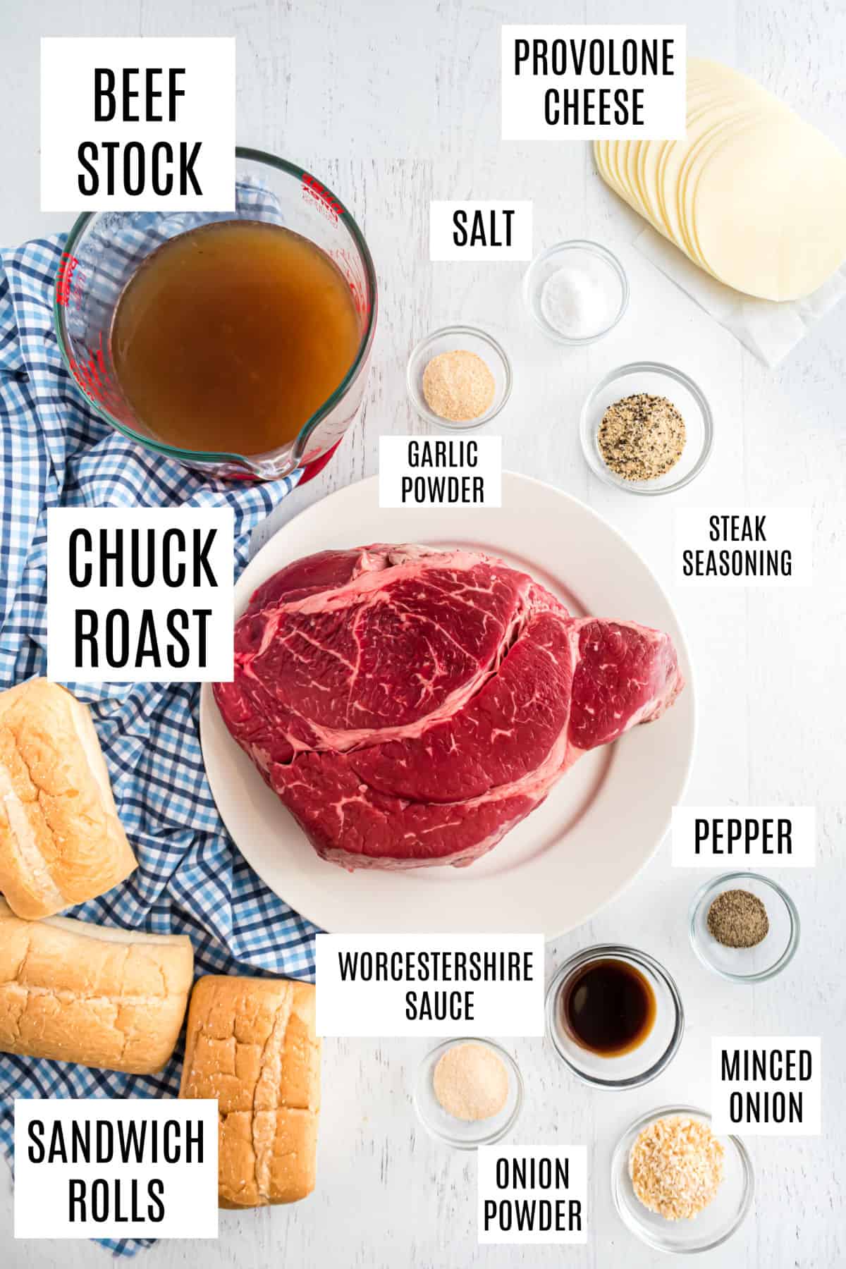 Ingredients needed to make french dip sandwiches in the Instant Pot.