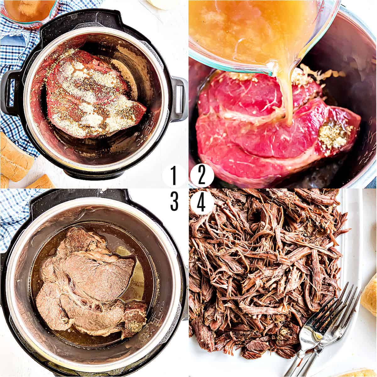 Step by step photos showing how to make french dip in the Instant Pot.