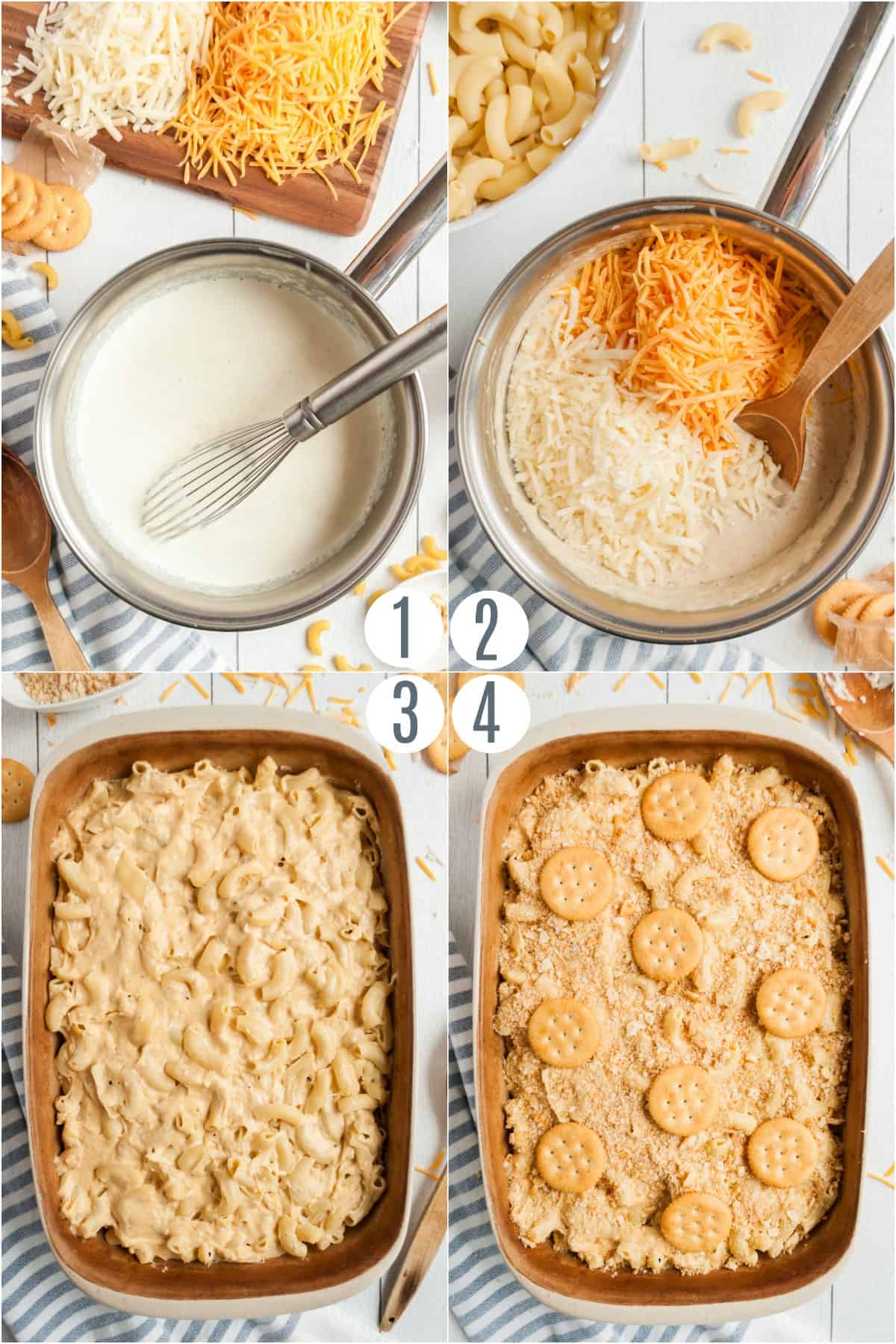 Step by step photos showing how to make homemade mac and cheese.