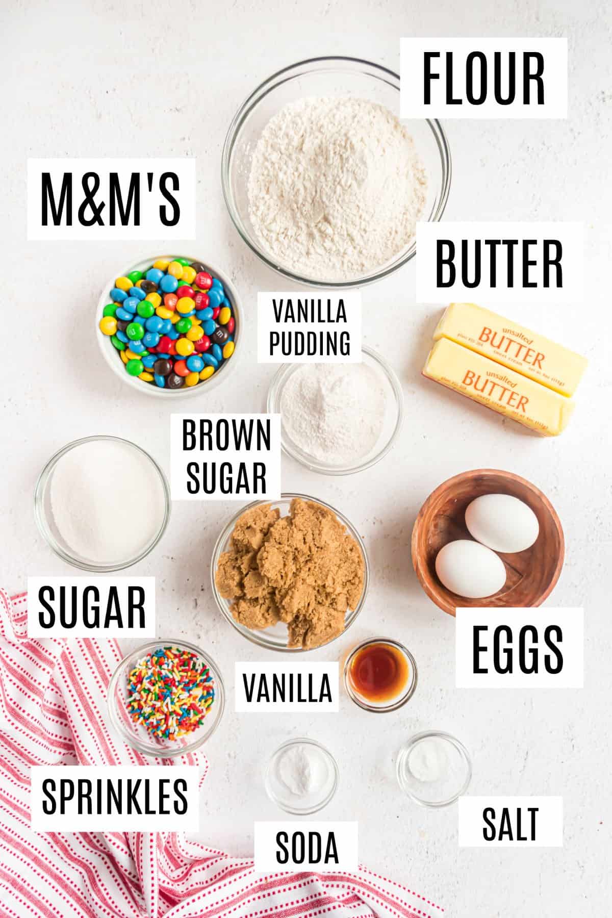 Ingredients needed for m&M pudding cookies.