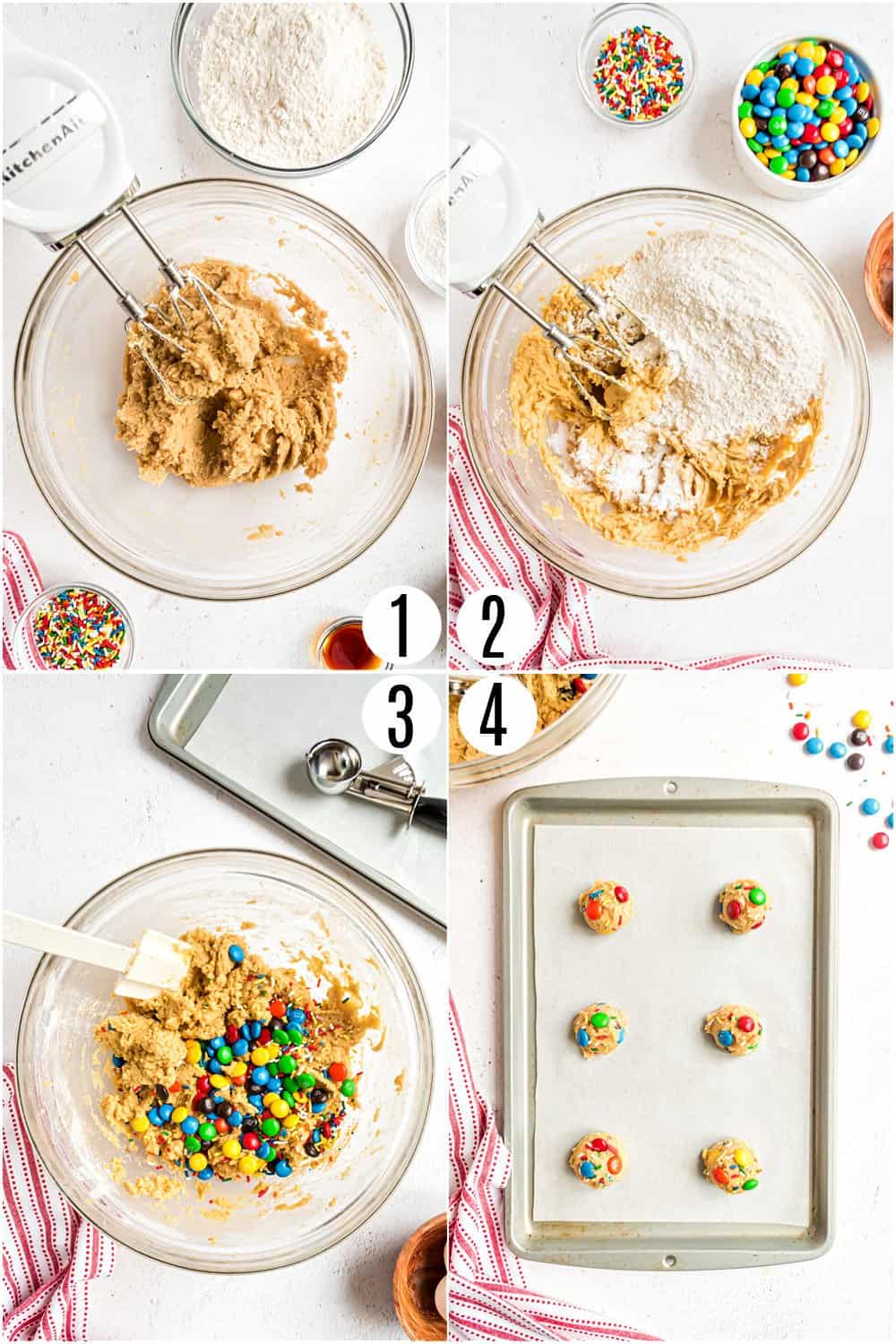 Step by step photos showing how to make M&M cookies.