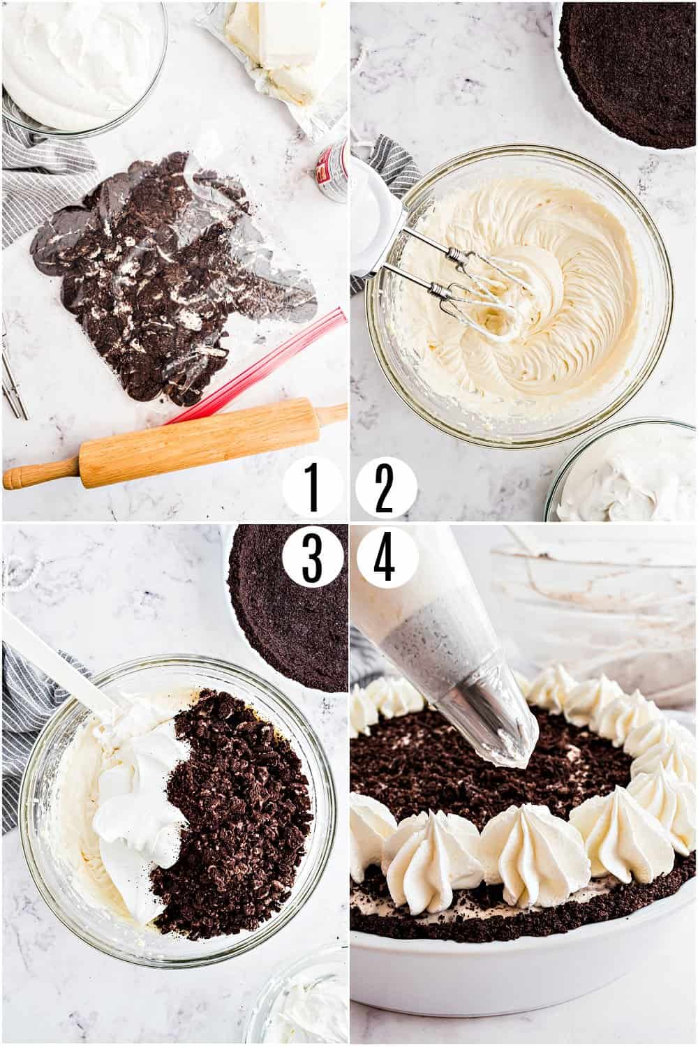 Step by step photos showing how to make no bake oreo cheesecake.