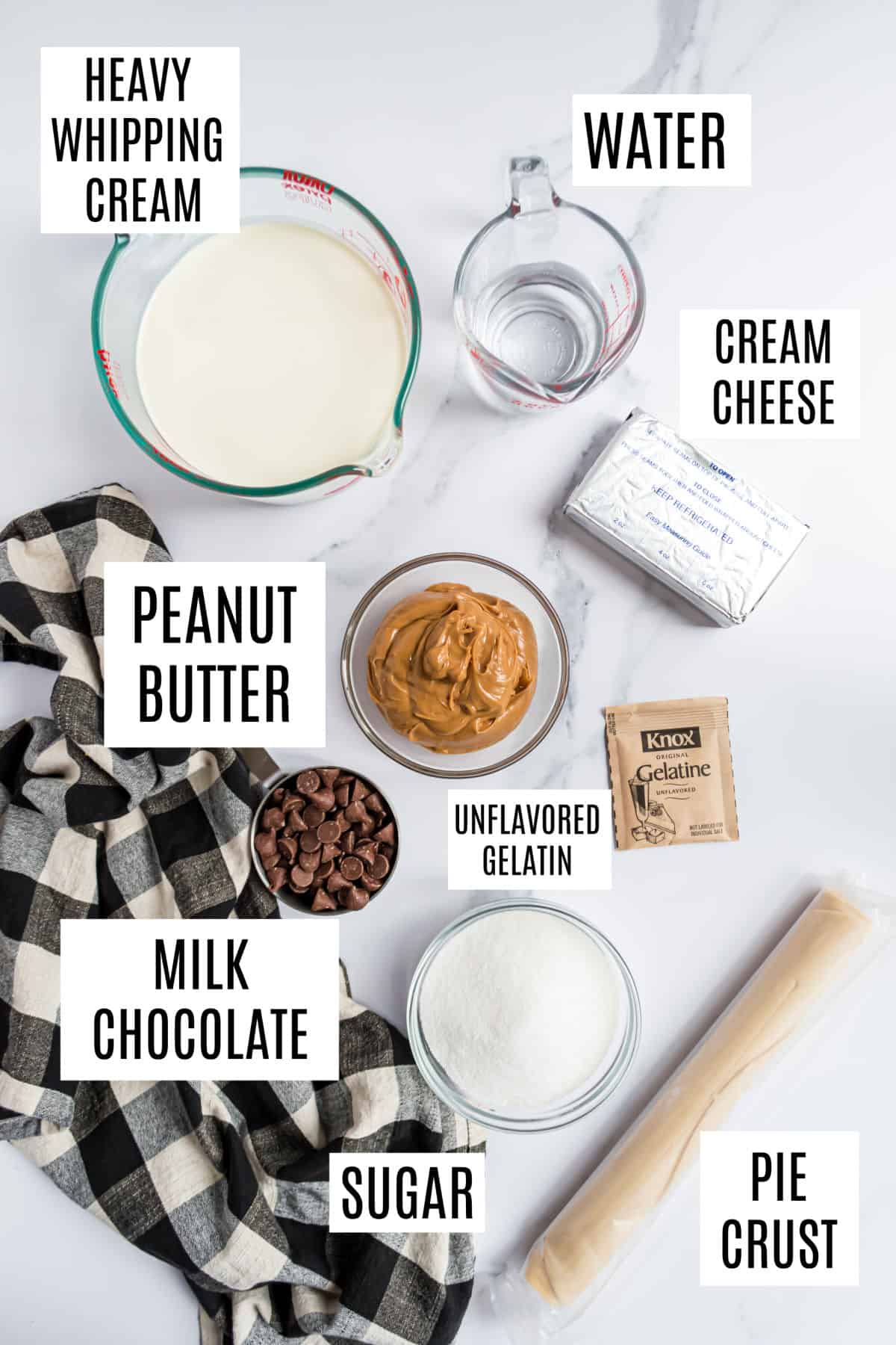 Ingredients needed to make peanut butter pie.