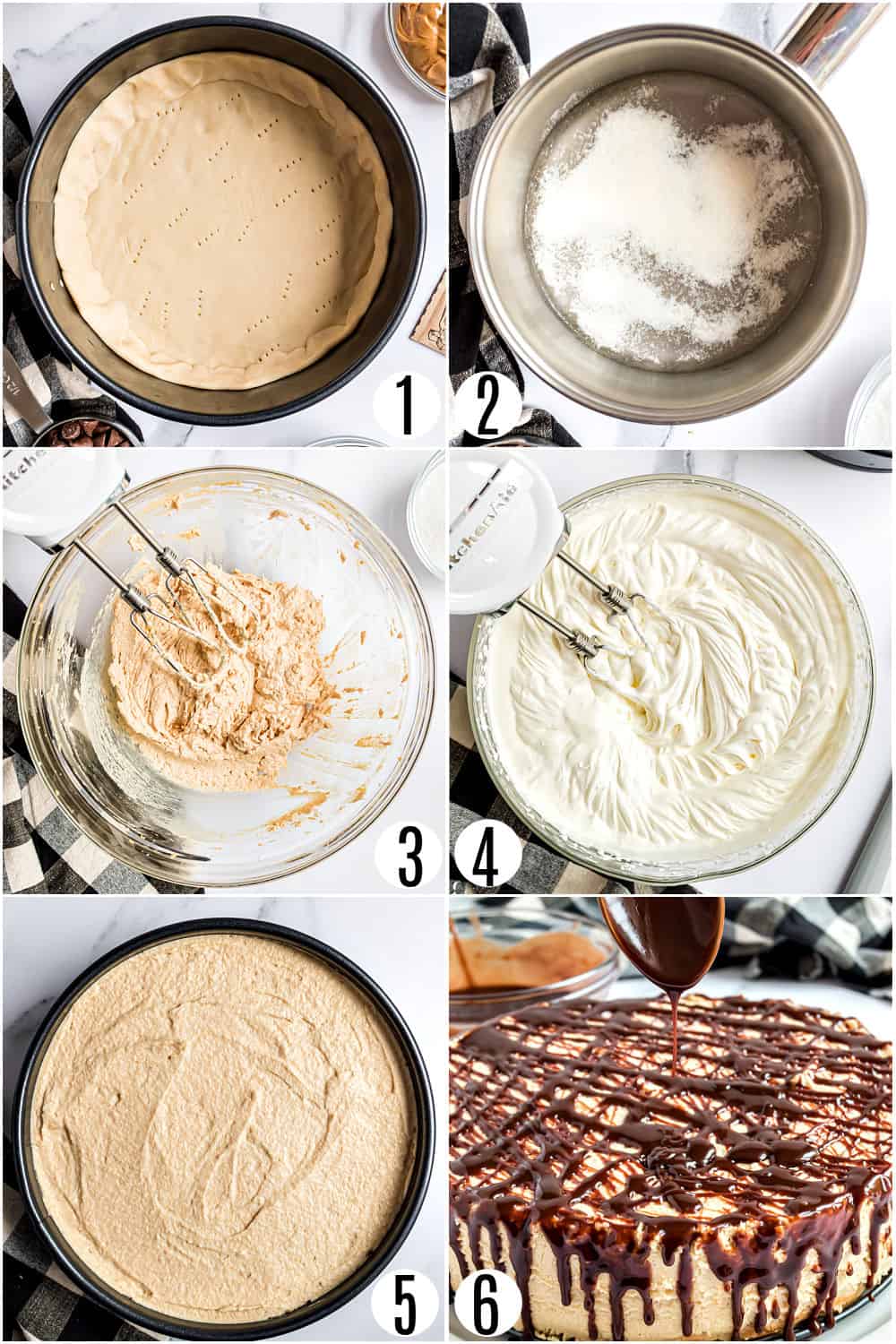 Step by step photos showing how to make peanut butter pie.