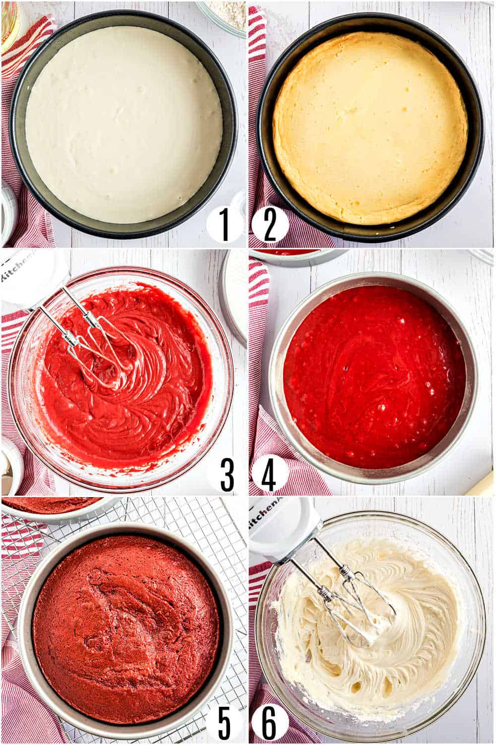 Step by step photos showing how to make red velvet cheesecake cake.