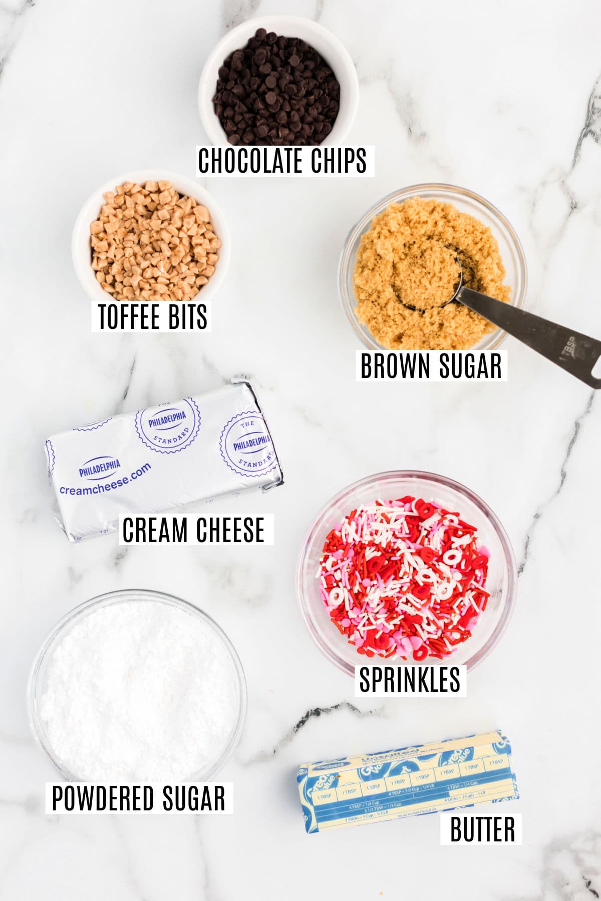 Ingredients needed to make toffee cheeseball for Valentine's day.