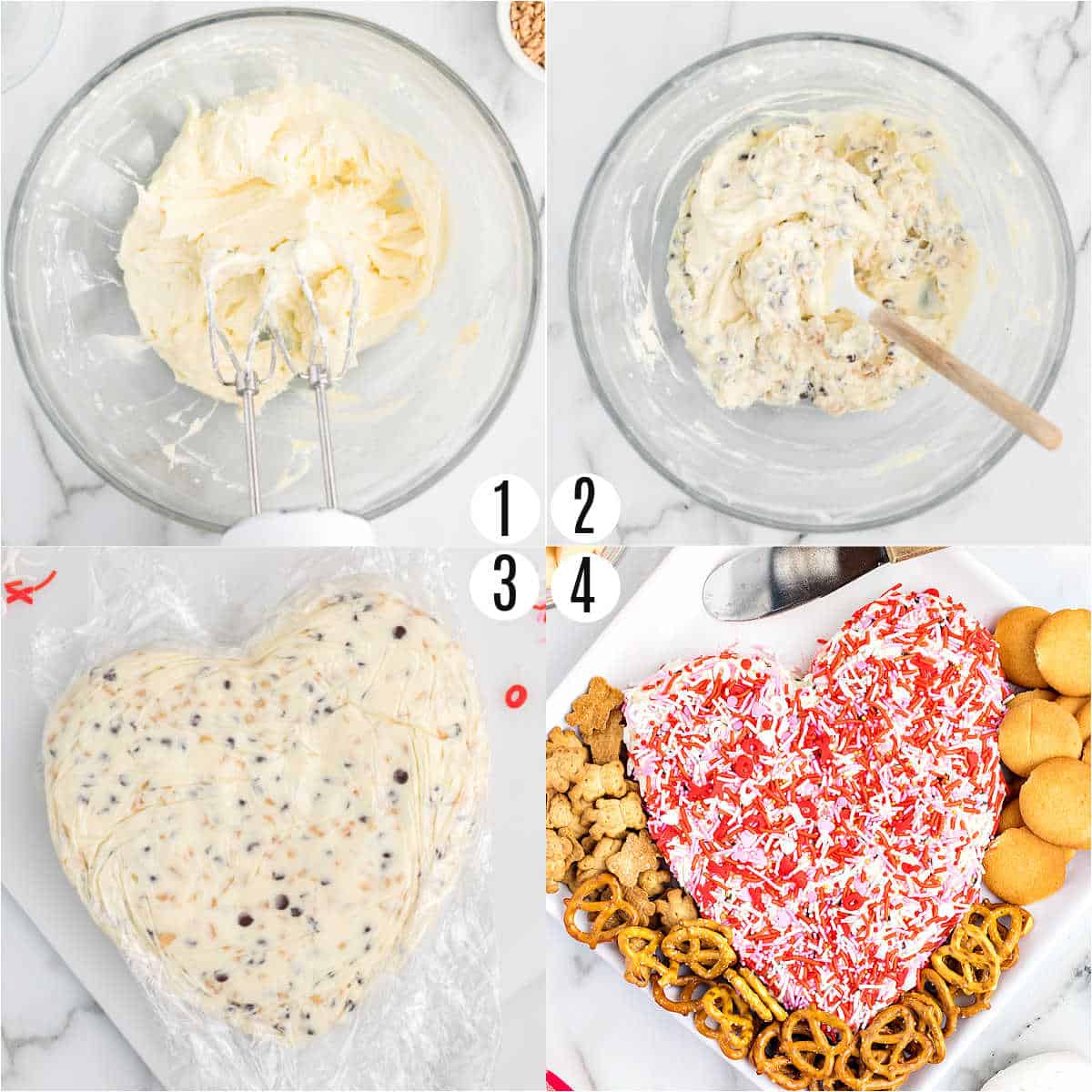 Step by step photos showing how to make a valentine's day cheeseball.