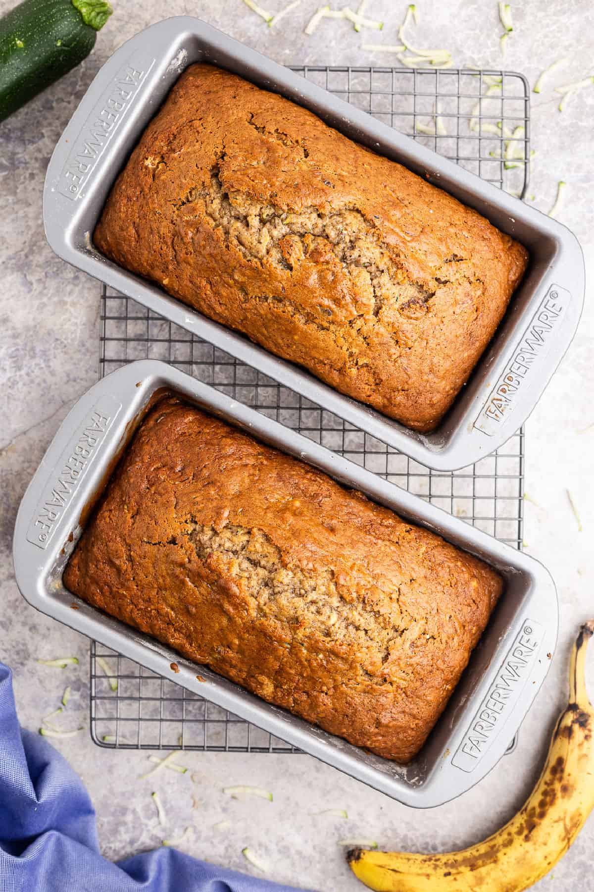 Zucchini banana bread in loaf pans.