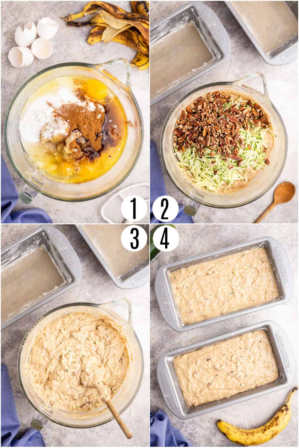 Step by step photos showing how to make banana zucchini bread.