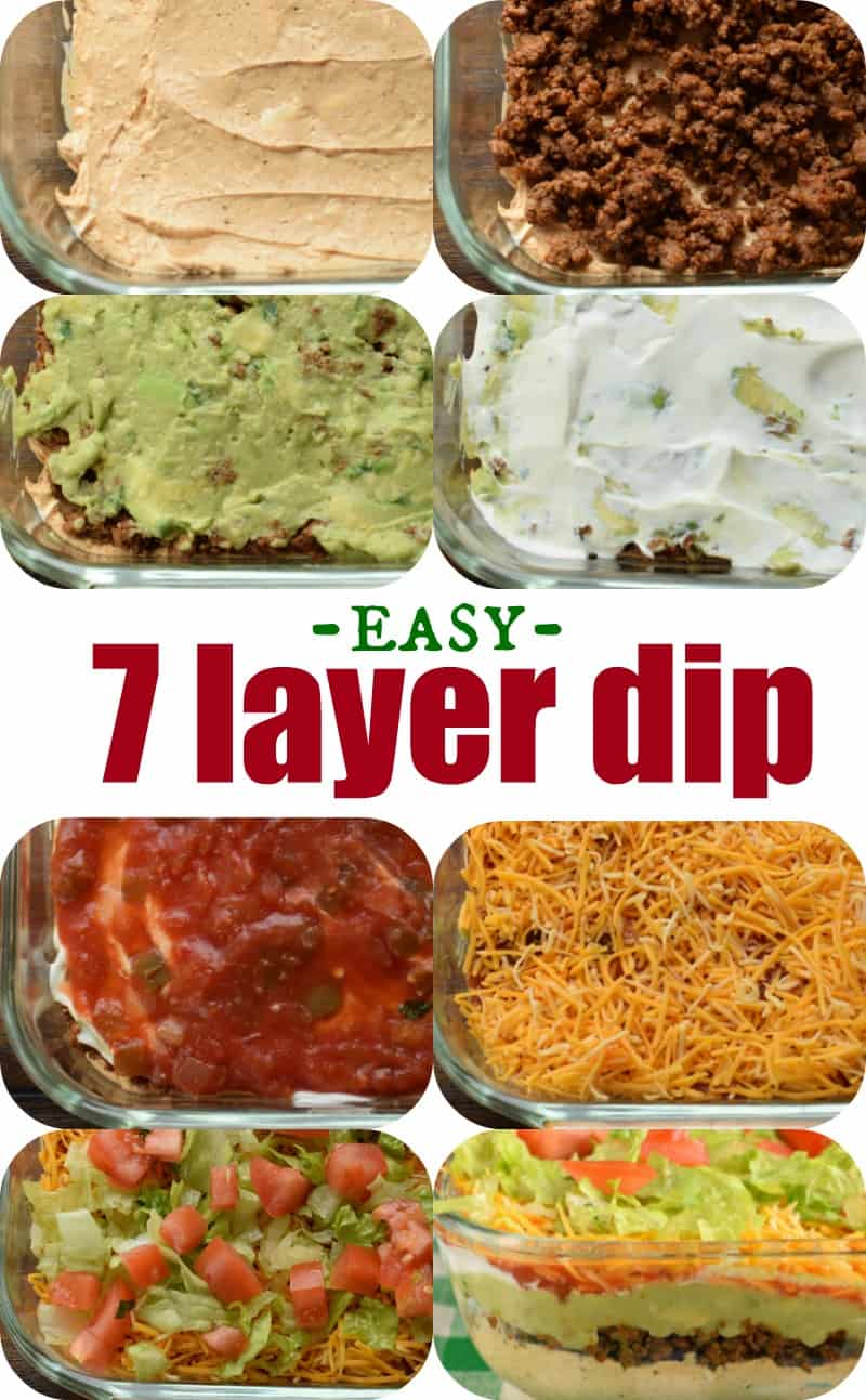 The Ultimate 7 Layer Dip recipe is packed with layers of Cream Cheese, Sour Cream, Ground Beef (and/or Beans), Guacamole, Salsa, Cheese, and more! Step by step photos showing how to make seven layer dip in a glass dish.
