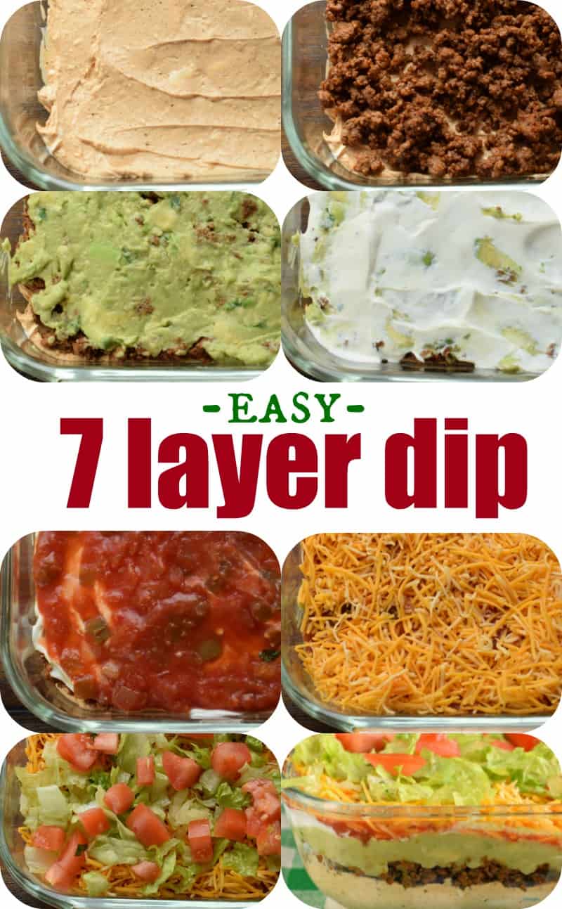 Step by step photos showing how to make seven layer dip in a glass dish.