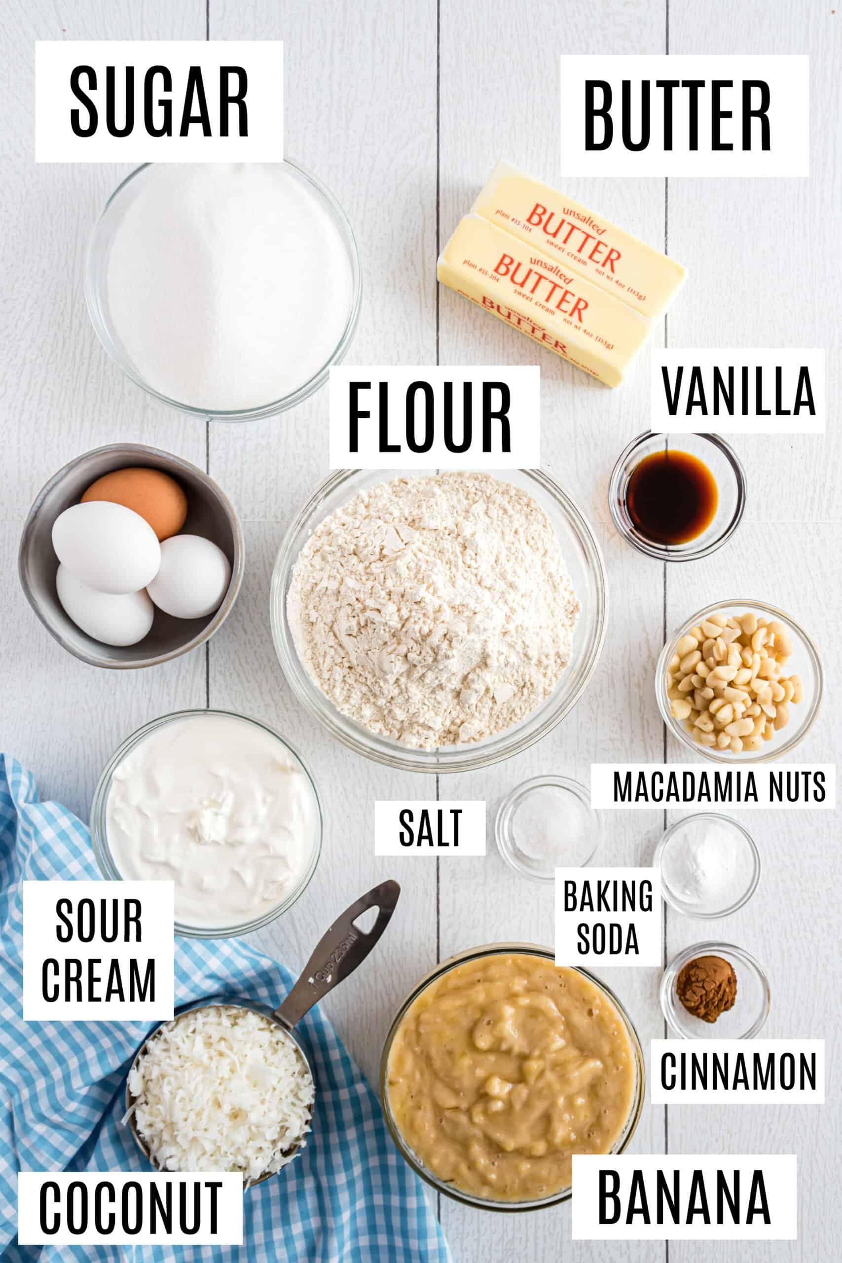 Ingredients needed to make coconut banana bread.