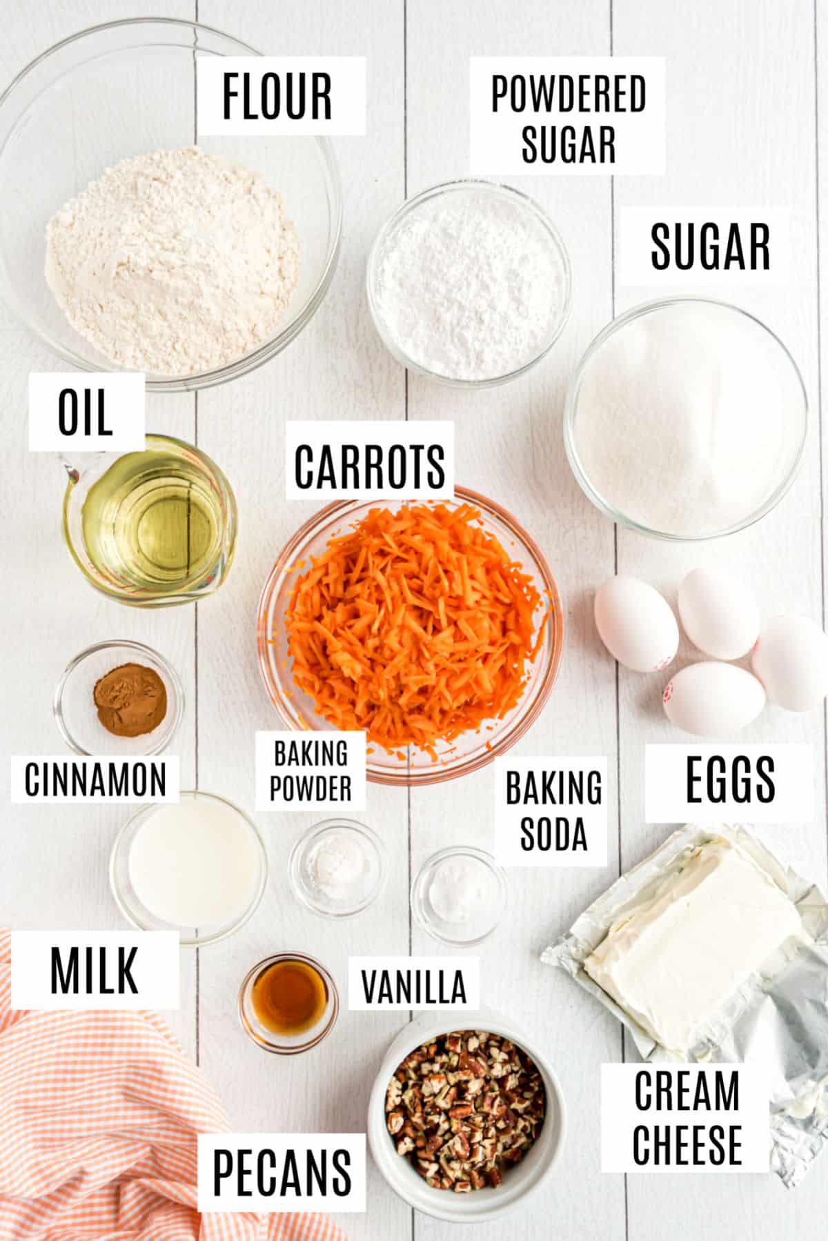 Ingredients needed for homemade carrot bundt cake recipe.