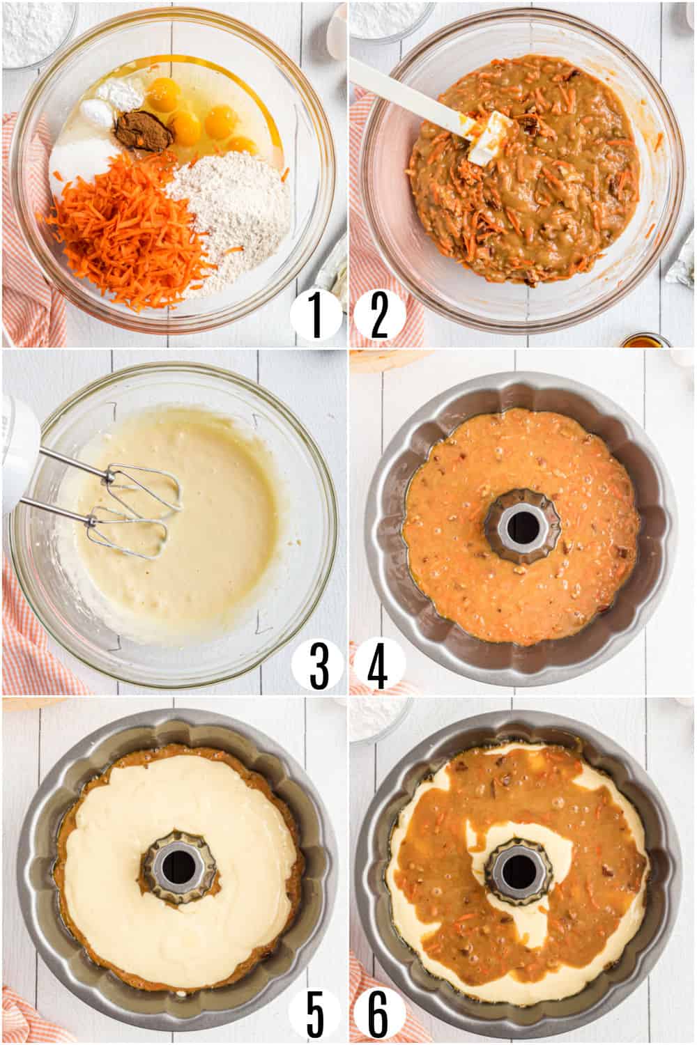 Step by step photos showing how to make carrot cake in a bundt pan.