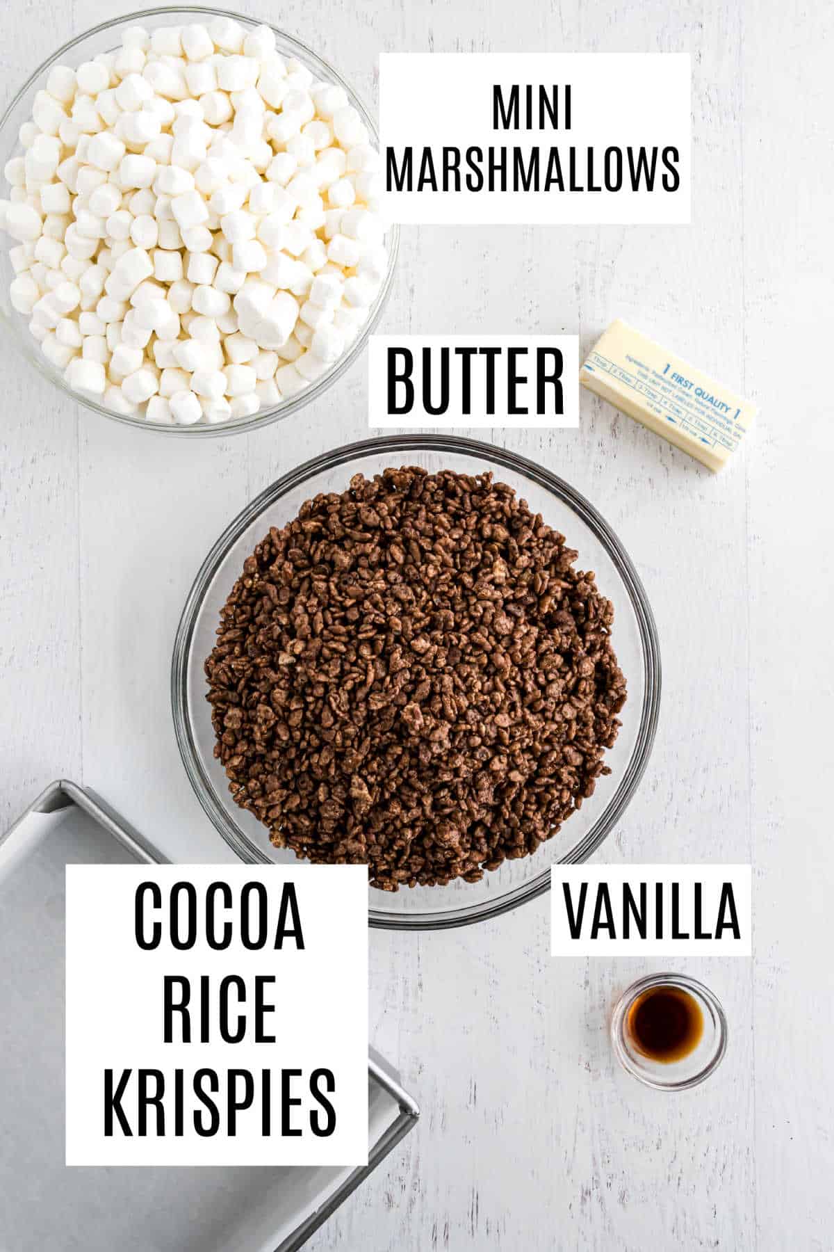 Ingredients needed to make cocoa krispie treats.